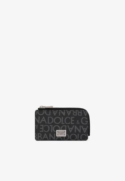 Dolce & Gabbana Logo Jacquard Zipped Cardholder In Black