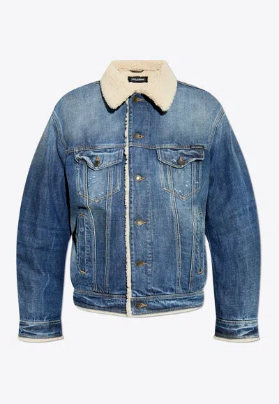 DOLCE & GABBANA LOGO-LABEL DENIM AND SHEARLING JACKET