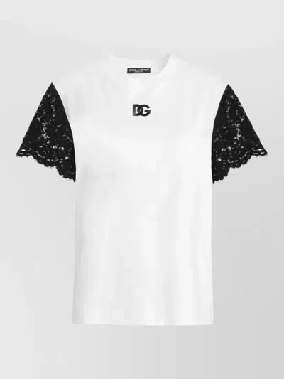 Dolce & Gabbana Logo Lace Crew Neck Short Sleeve T-shirt In Black