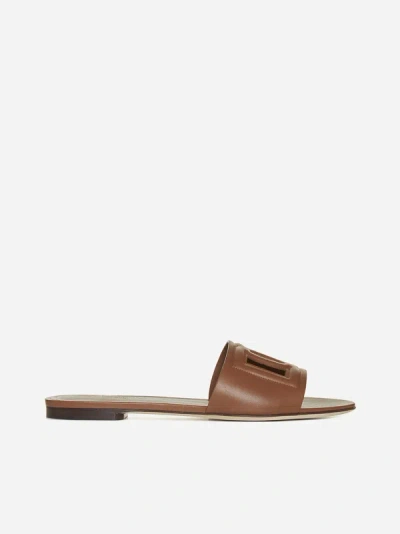 Dolce & Gabbana Logo Leather Flat Sandals In Brown