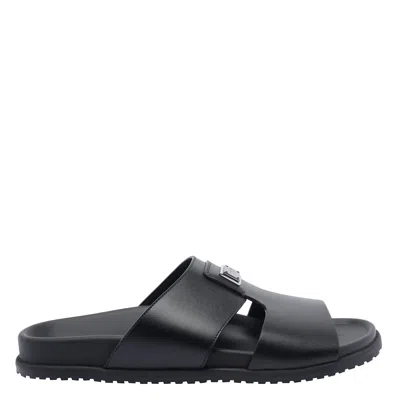 Dolce & Gabbana Logo Leather Sandals In Black