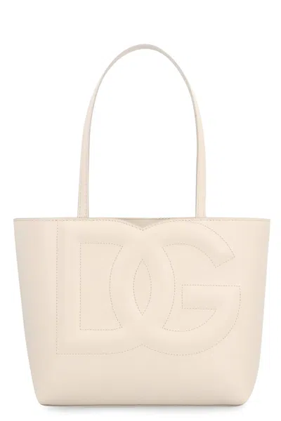 Dolce & Gabbana Logo Leather Tote In Ivory