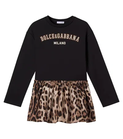 Dolce & Gabbana Kids' Logo Leopard-print Cotton Dress In Black