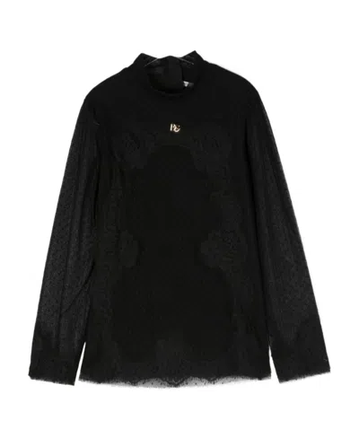 Dolce & Gabbana Logo-lettering Lace-detailing Blouse In Black