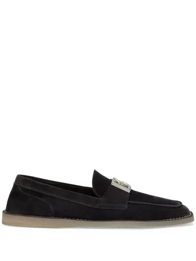 Dolce & Gabbana Men Navy Blue Suede Loafers In Black