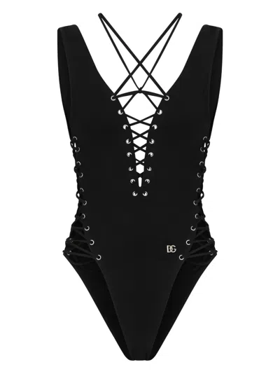 Dolce & Gabbana Logo-lettering Tie-fastening Swimsuit In Black