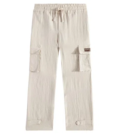 Dolce & Gabbana Kids' Logo Linen Cargo Pants In Beige