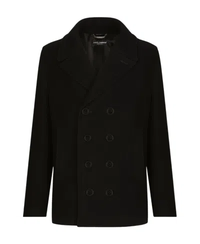 Dolce & Gabbana Double-breasted Wool Pea Coat With Branded Tag In Black