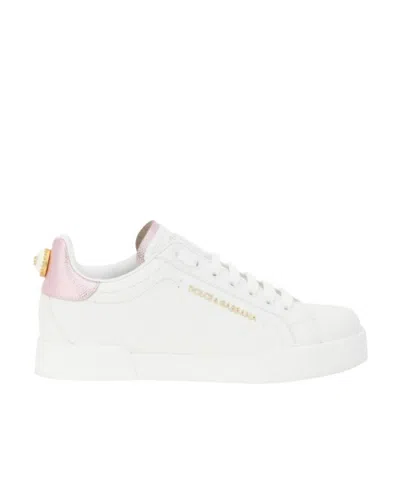 Dolce & Gabbana Women Portofino Leather Low-top Sneakers With Lateral Lettering Logo In White