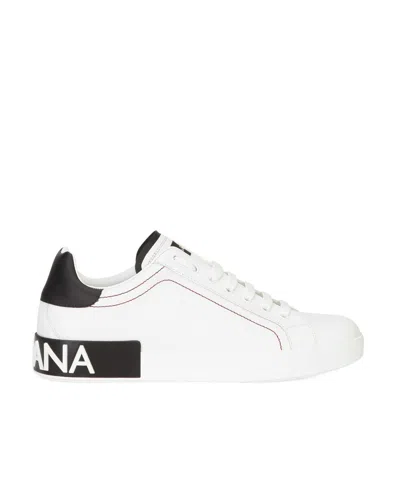 Dolce & Gabbana Portofino White And Black Low Top Sneakers With Logo Detail In Leather Man