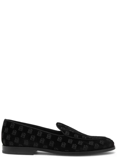 Dolce & Gabbana Logo-monogrammed Velvet Loafers In Black
