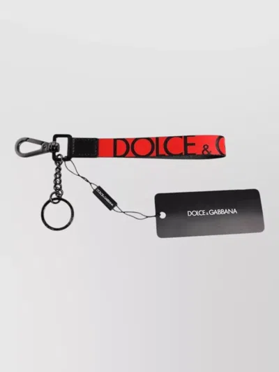 Dolce & Gabbana Logo Nylon Brass Leather Detail Keyring In Black