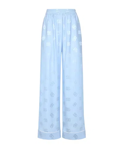 Dolce & Gabbana Silk Monogram Trousers In Blue
