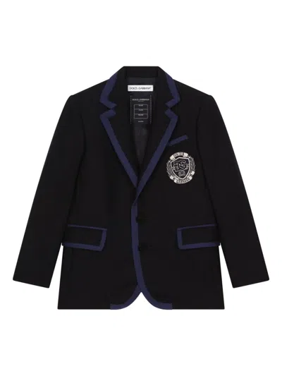 Dolce & Gabbana Kids' Logo-patch Contrast-border Wool Blazer In Blue