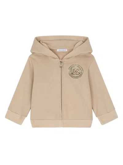Dolce & Gabbana Babies' Felpa Zip Con Cappuccio Jersey Stampa Moneta In Beige