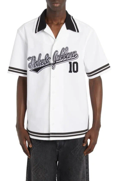 Dolce & Gabbana Logo Patch Cotton Poplin Camp Shirt In White Black