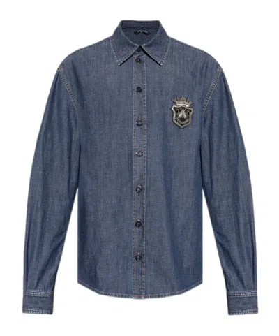 Dolce & Gabbana Logo-patch Denim Shirt In Blue