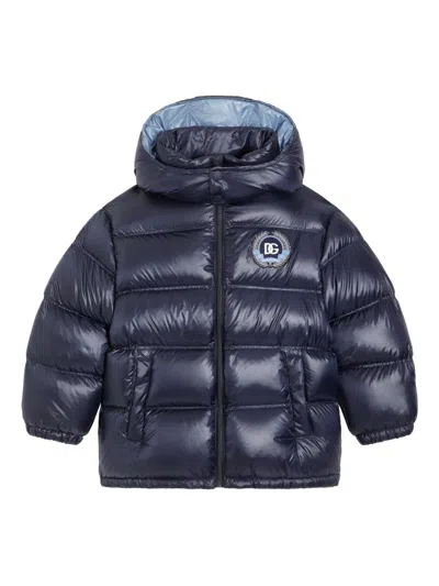 Dolce & Gabbana Kids' Logo-patch Hooded Puffer Jacket In Blue