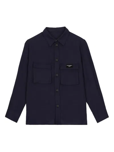 Dolce & Gabbana Kids' Logo-patch Linen Shirt In Blue
