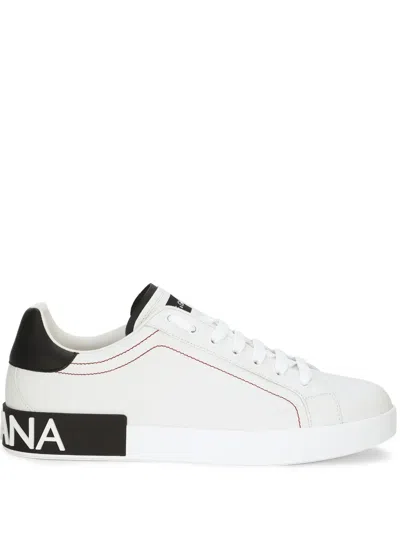 Dolce & Gabbana Portofino Leather Trainers With Rubberized Logo Shoes In White