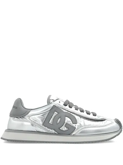Dolce & Gabbana Logo-patch Metallic Sneakers In Gray