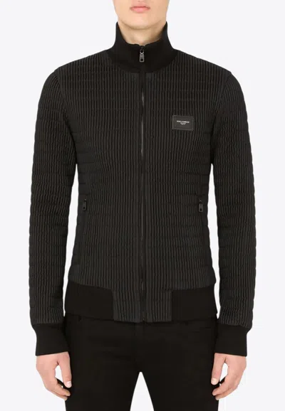 Dolce & Gabbana Logo Patch Ribbed Bomber Jacket In Black