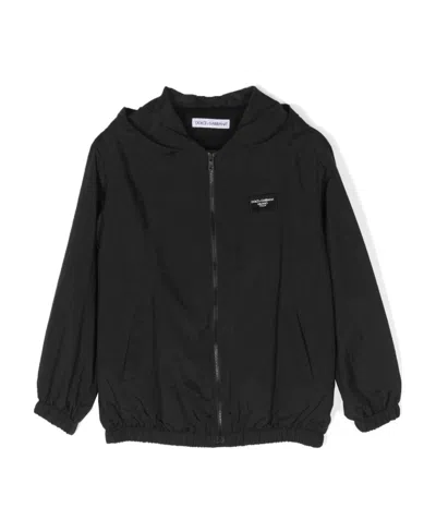 Dolce & Gabbana Kids' Logo-patch Ripstop Hooded Jacket In Black