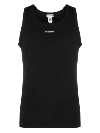 Dolce & Gabbana Stretch Cotton Tank Top With Logo Label In Black