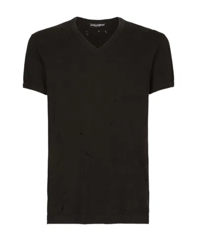 Dolce & Gabbana Logo-patch V-neck T-shirt In Black