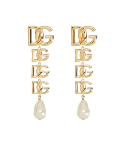 Dolce & Gabbana Logo Pearl-embellished Drop Earrings In Yellow