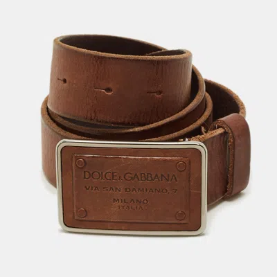 Pre-owned Dolce & Gabbana Logo Plaque 85 Cm Buckle Belt Brown Leather