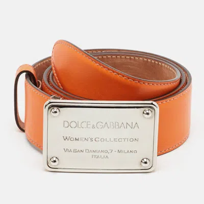 Pre-owned Dolce & Gabbana Logo Plaque 85 Cm Buckle Belt Orange Leather