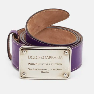 Pre-owned Dolce & Gabbana Logo Plaque 85 Cm Buckle Belt Purple Leather