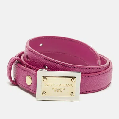 Pre-owned Dolce & Gabbana Logo Plaque 85 Cm Slim Buckle Belt Fuchsia Leather In Pink