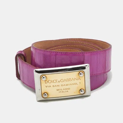 Pre-owned Dolce & Gabbana Logo Plaque 90 Cm Buckle Belt Fuschia Eel Leather In Pink