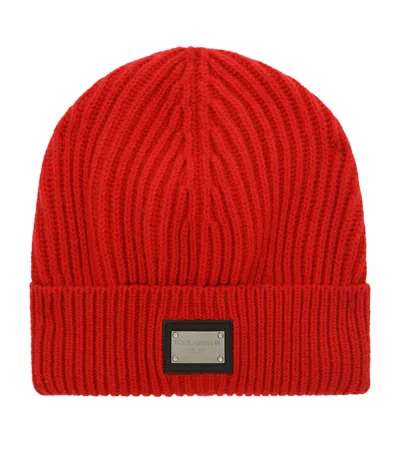 Dolce & Gabbana Logo-plaque Ribbed Beanie Hat In ボルドー