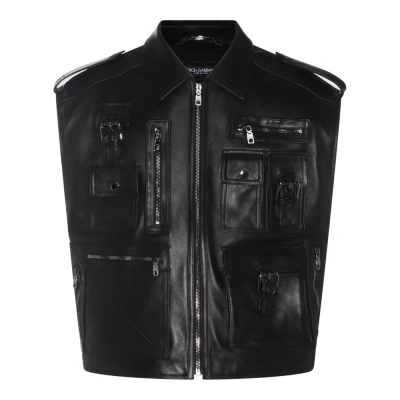 Dolce & Gabbana Logo Plaque Biker Leather Gilet In Black