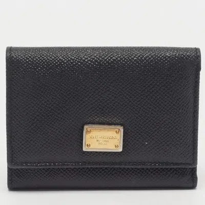 Pre-owned Dolce & Gabbana Logo Plaque Black Leather Trifold Wallet