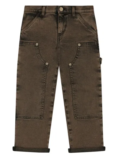 Dolce & Gabbana Kids' Logo-plaque Bleach Straight-leg Jeans In Brown