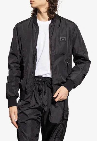 Dolce & Gabbana Logo Plaque Bomber Jacket In Black