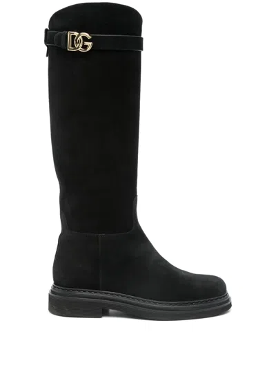 Pre-owned Dolce & Gabbana Logo-plaque Boots In Black