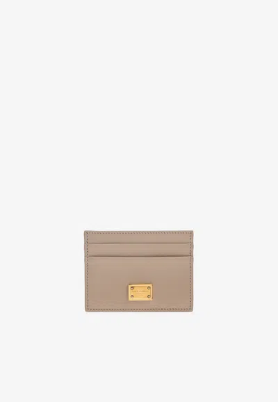 Dolce & Gabbana Logo Plaque Calfskin Cardholder In Beige