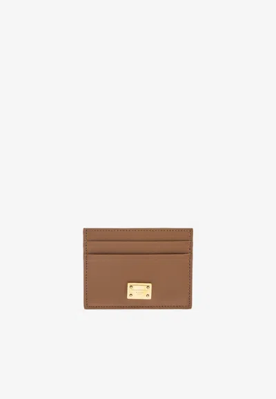 Dolce & Gabbana Logo Plaque Calfskin Cardholder In Brown