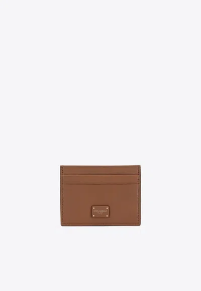 Dolce & Gabbana Logo Plaque Calfskin Cardholder In Brown