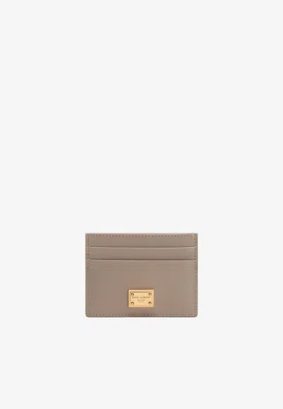 Dolce & Gabbana Logo Plaque Cardholder In Plongé Calfskin In Beige
