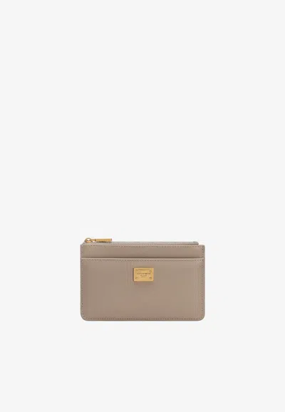 Dolce & Gabbana Logo Plaque Cardholder In Plongé Calfskin In Beige