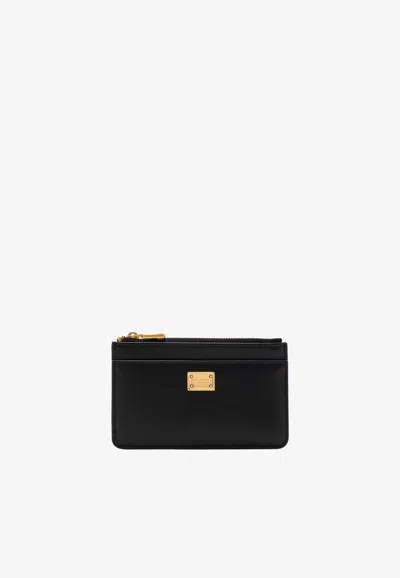 Dolce & Gabbana Logo Plaque Cardholder In Plongé Calfskin In Black