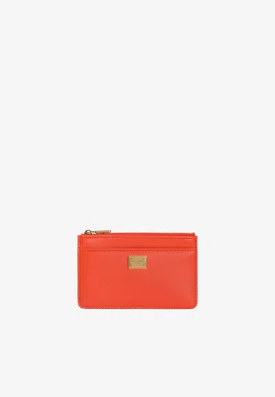 Dolce & Gabbana Logo Plaque Cardholder In Plongé Calfskin In Orange