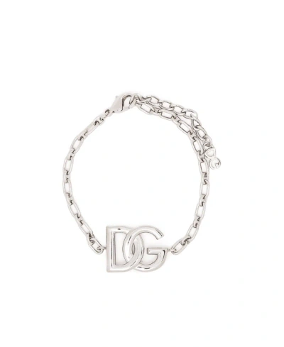 Dolce & Gabbana Logo-plaque Chain-link Bracelet In White
