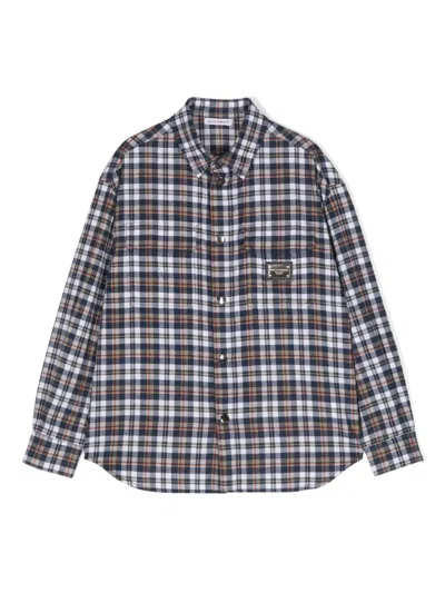Dolce & Gabbana Kids' Logo-plaque Check-print Shirt In Blue